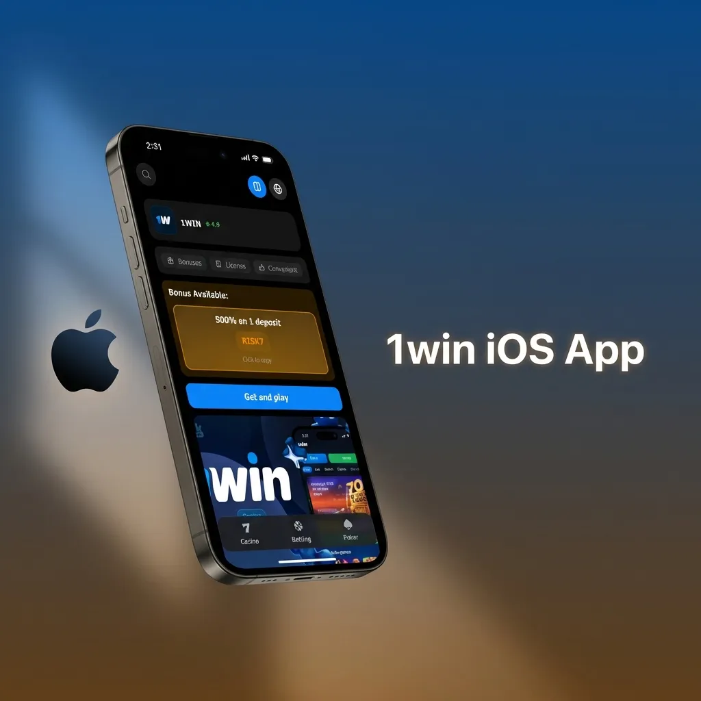 1win iOS app interface on iPhone showing sports betting and casino features with download button
