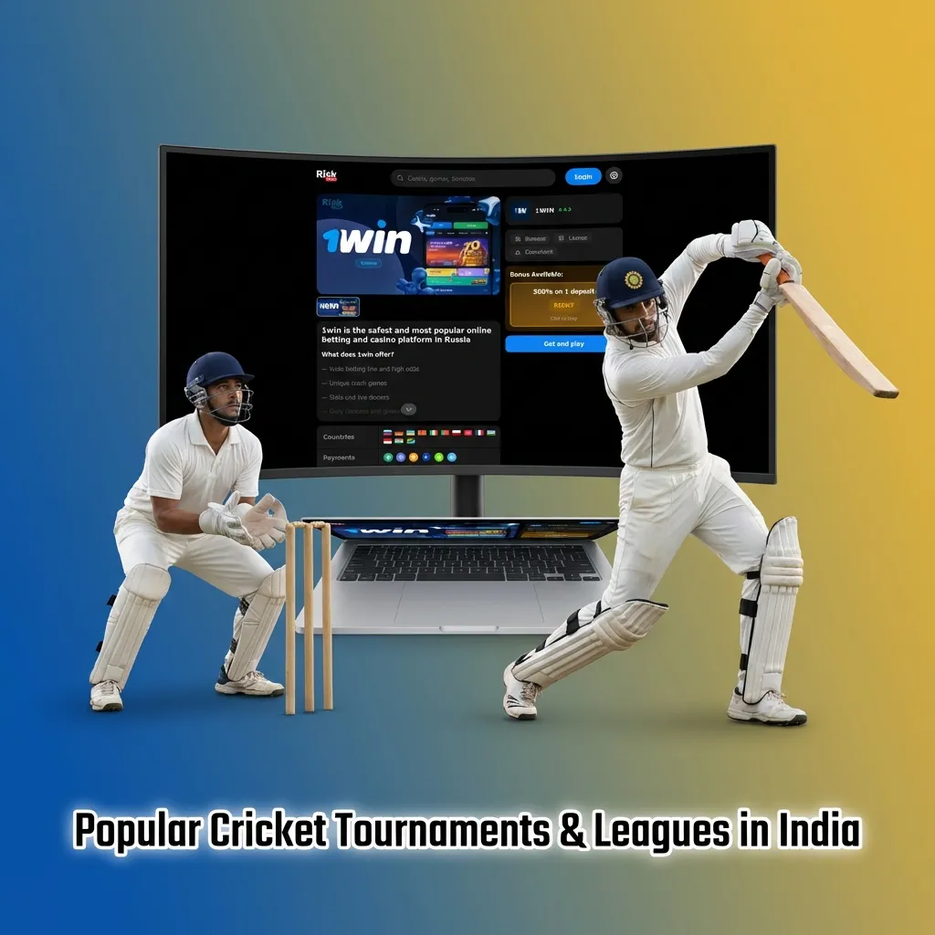 Cricket stadium with players competing in major tournaments like IPL, World Cup, and The Ashes in India
