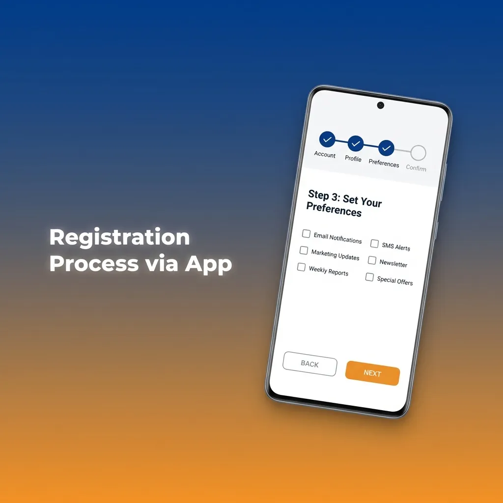 Mobile app registration screen showing step-by-step account creation process with currency and payment options