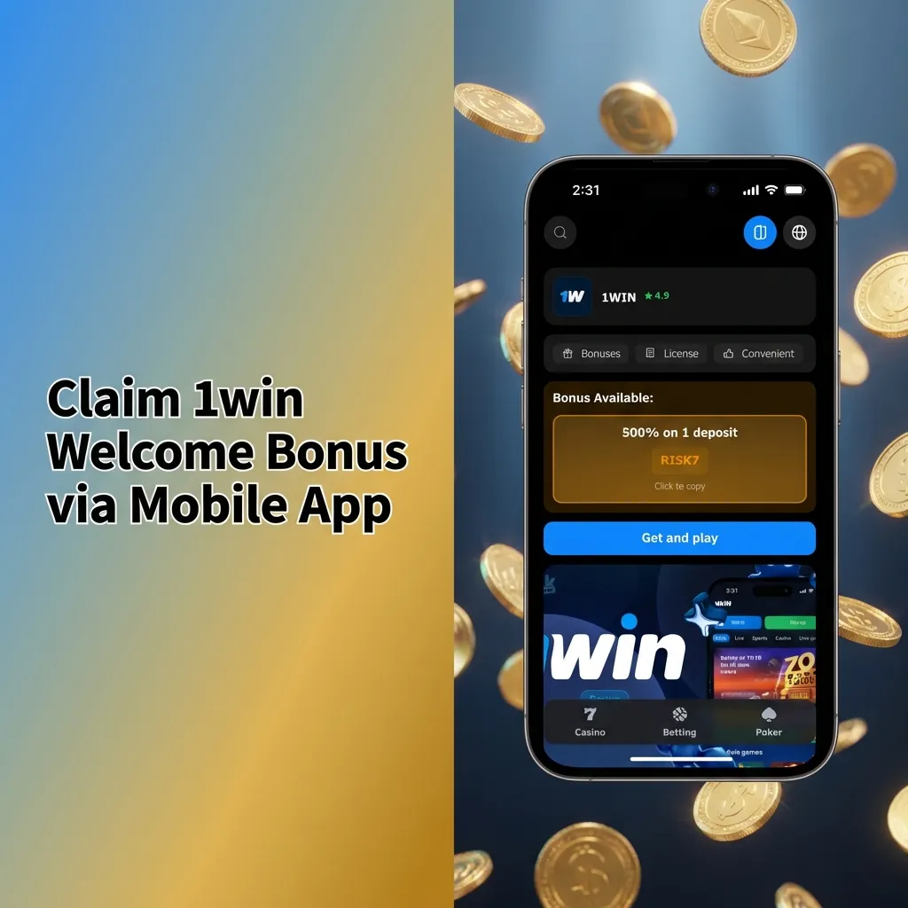 1win mobile app interface showing welcome bonus claim process with deposit section and bonus notification features