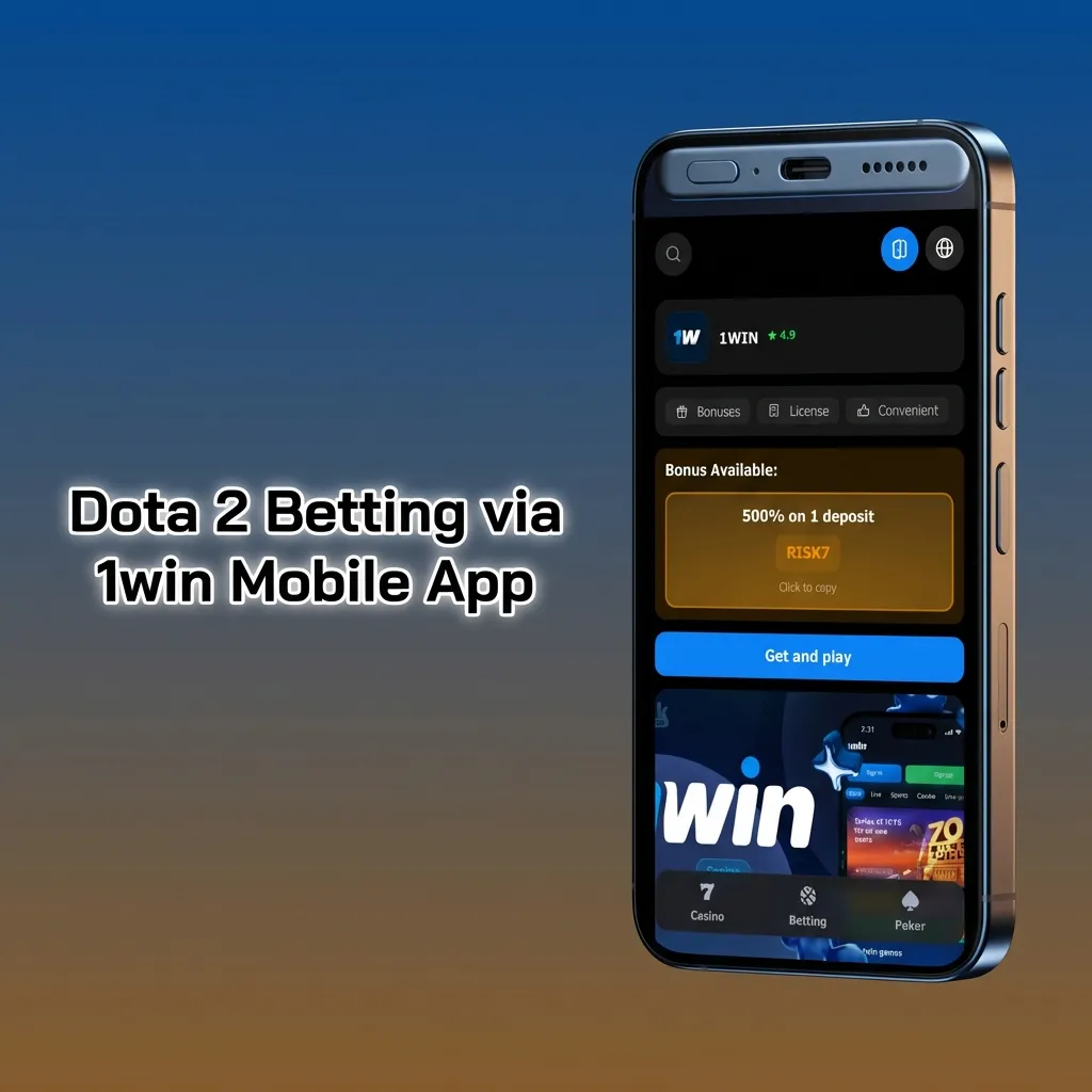 Mobile phone displaying 1win app with Dota 2 betting interface and live match odds on screen