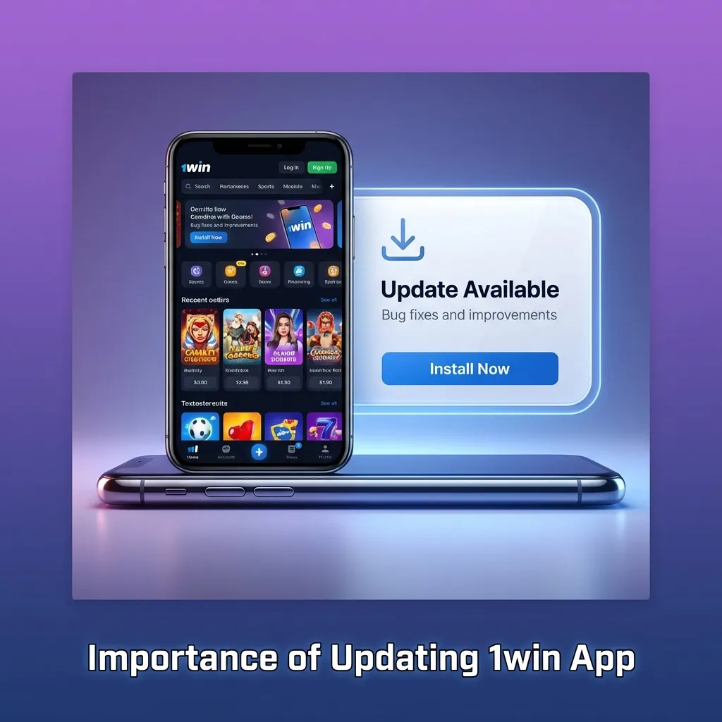 Updated 1win app on smartphone screen showing security features, performance improvements, and new betting options